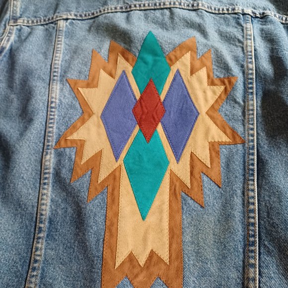 Vtg 90's Levi's Jacket, 70507-0389 Leather Applique, Southwest, Tribal, USA, M - Picture 4 of 15